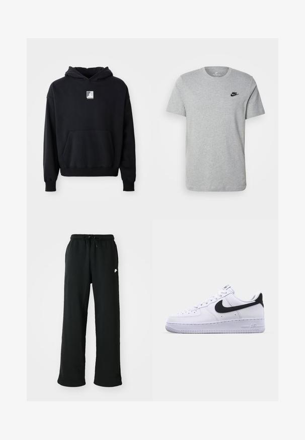 Schwarzer Kapuzenpullover mit einer Fronttasche und kleinem weißen Jordan-Logo, das mittig auf der Brust platziert ist, auf einem schlichten weißen Hintergrund präsentiert.; Graues T-Shirt mit kurzen Ärmeln aus Baumwolle, mit einem schwarzen Nike-Logo auf der Brust und einem runden Ausschnitt. Minimalistisches Design ohne Muster.; Schwarze Jogginghose aus weichem Material, mit einem elastischen Bund und verstellbarem Kordelzug sowie einem kleinen Logo-Detail an der Seite.; Weißes Leder-Sneaker mit einem strukturierten schwarzen Swoosh, flachen Schnürsenkeln und einer Gummisohle mit genoppetem Muster. "AIR" ist auf der Ferse eingeprägt.