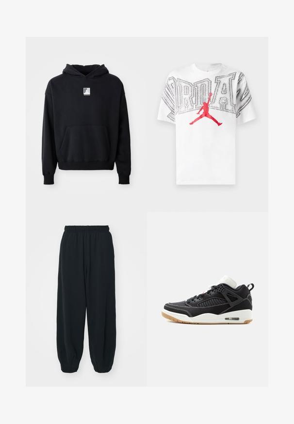 Haut à capuche noir avec poche avant et petit logo Jordan blanc centré sur la poitrine, présenté sur un fond blanc uni.; T-shirt en coton blanc avec un grand texte "JORDAN" en contour noir et un graphique de silhouette "Jumpman" rouge au centre.; Pantalons de survêtement noirs avec taille élastiquée, coupe ample, chevilles côtelées, texture lisse et sans motifs ni accents matériels visibles.; Baskets montantes noir et blanc avec coutures blanches, maille de ventilation, semelle en gomme et coussin d'air visible sur le côté du talon.