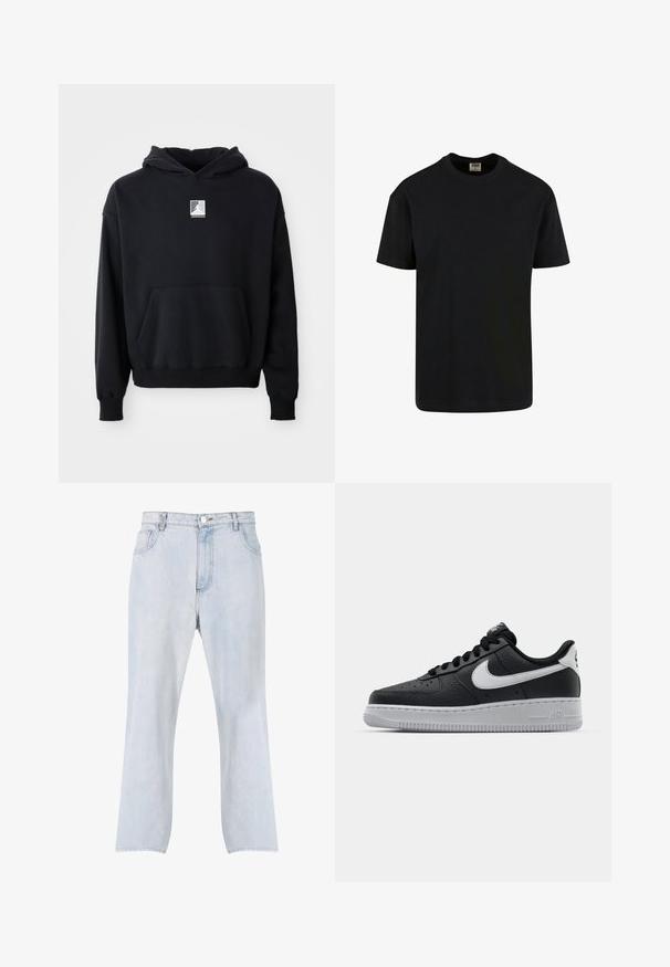 Sort hættetrøje med frontlomme og lille hvid Jordan-logo centreret på brystet, præsenteret på en ensfarvet hvid baggrund.; Urban Classics SHORTSLEEVE - T-shirts basic - black; Lyseblå jeans med lige ben, lukning med knap og lynlås foran samt fem-lomme design.; Sort lædersneaker med tekstureret overflade, hvid Nike swoosh, grå sål, rund tå og snørebåndsdesign. Har perforeringer på tåboksen.
