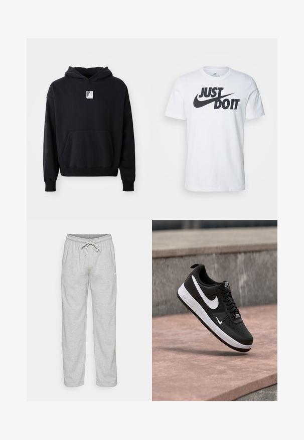 Haut à capuche noir avec poche avant et petit logo Jordan blanc centré sur la poitrine, présenté sur un fond blanc uni.; T-shirt en coton blanc avec un logo noir "Just Do It" bien en vue et le swoosh de Nike. Design classique à col rond avec des manches courtes.; Pantalon de survêtement gris clair en tissu doux. Dispose d'une taille élastique avec cordon de serrage et logo Nike en noir sur la cuisse gauche.; Baskets Nike Air Force 1 noir et blanc suspendues au-dessus d'une surface en béton rose avec un fond en pierre grise.