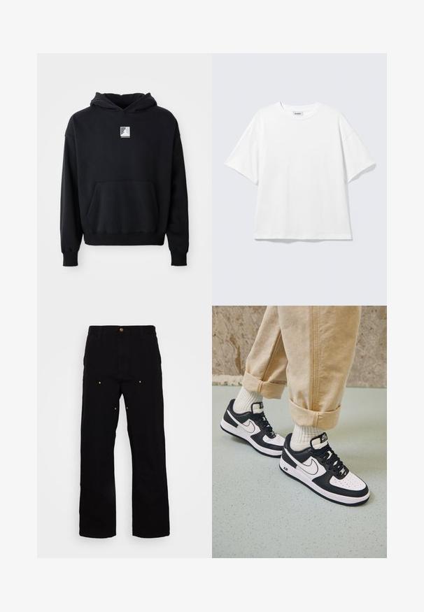 Zwarte hoodie met een voorzak en een klein wit Jordan-logo gecentreerd op de borst, weergegeven op een eenvoudige witte achtergrond.; Witte oversized T-shirt met korte mouwen, ronde hals en verlaagde schouders, plat op een lichtgrijze achtergrond.; Zwarte denim broek met een recht-pijp ontwerp, voorzien van gouden hardware accenten en zichtbare stiksels op de voor- en achterzakken.; Zwart-witte Nike Air Force 1 sneakers met een leren bovenwerk, geperforeerde neus en gestructureerde zooldetails, gedragen met opgerolde beige broek en witte sokken.