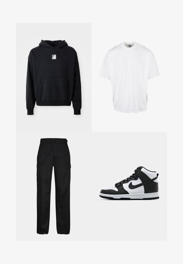 Schwarzer Kapuzenpullover mit einer Fronttasche und kleinem weißen Jordan-Logo, das mittig auf der Brust platziert ist, auf einem schlichten weißen Hintergrund präsentiert.; Weißes Baumwoll-T-Shirt mit lockerer Passform, kurzen Ärmeln und rundem Halsausschnitt, mit geradem Saum und ohne sichtbare Grafiken oder Muster.; Schwarze Cargo-Hosen mit geradem Schnitt, ausgestattet mit Seitentaschen, einem Knopfverschluss und elastischen Bündchen an den Knöcheln. Hergestellt aus strapazierfähigem Material.; Schwarz-weißer High-Top-Sneaker mit Lederobermaterial, perforiertem Zehenbereich, auffälligem Swoosh-Logo und strukturiertem Gummisohle.