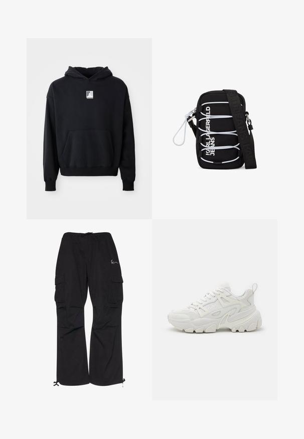 Haut à capuche noir avec poche avant et petit logo Jordan blanc centré sur la poitrine, présenté sur un fond blanc uni.; Pantalons cargo noirs en tissu léger, dotés d'une taille élastique avec cordon de serrage, de poches latérales et de poignets ajustables.; Des baskets de sport blanches avec une tige texturée, des panneaux en maille, une semelle en caoutchouc proéminente et des découpes décoratives sur les côtés.; Sac bandoulière noir avec cordons élastiques blancs, ferrures argentées, et texte "KARL LAGERFELD JEANS" en blanc sur le devant, avec une large sangle noire.