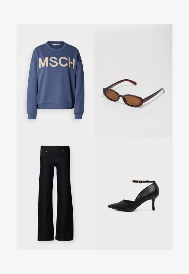 Sweat-shirt bleu à col ras du cou, manches longues, avec "MSCH" brodé en or sur le devant. Tissu doux avec une coupe décontractée.; Jean denim noir à jambes larges avec poches avant, fermeture par bouton, et coutures apparentes, présenté sur un fond blanc uni.; Chaussure en cuir noir à bout pointu avec talon kitten, bride à la cheville et boucle dorée sur fond neutre.; Lunettes de soleil rondes teinte brun avec une monture bordeaux brillante. Branches fines avec un détail de marque subtil. Design de verres plats.