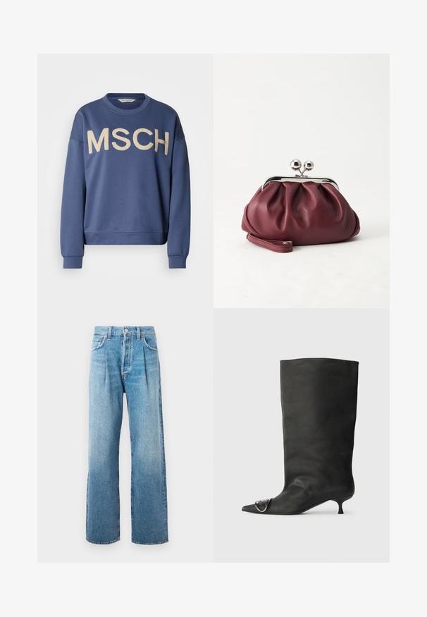 Sweat-shirt bleu à col ras du cou, manches longues, avec "MSCH" brodé en or sur le devant. Tissu doux avec une coupe décontractée.; Jean taille haute bleu clair, coupe droite, avec plis sur le devant, cinq poches, fermeture à bouton et couture visible sur fond blanc.; Bottines en cuir noir à bout pointu, petite talon et détail métallique sur le bout. Texture lisse et mate partout.; Petit sac pochette en cuir bordeaux avec fermoir métallique argenté et bracelet sur fond blanc.