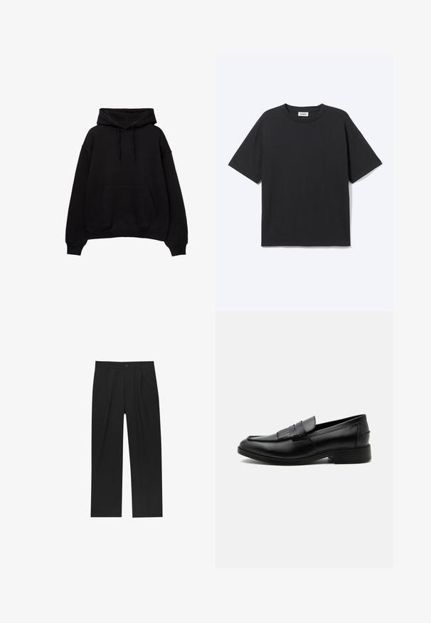 Sweatshirt noir à capuche avec poche avant, coupe ample, poignets et ourlet côtelés. Fabriqué en tissu épais, avec cordons de serrage à la capuche.; T-shirt noir à manches courtes avec col rond, coupe décontractée, vue de face, design uni et étiquette de la marque Weekday visible à l’intérieur du col.; Pantalons noirs au design droit, fabriqués à partir d'un tissu lisse. Dotés de plis sur le devant et d'une fermeture à un bouton à la taille.; Mocassin homme en cuir noir avec détail pompon, bout arrondi, talon bas et finition polie lisse, montré de profil sur fond blanc.