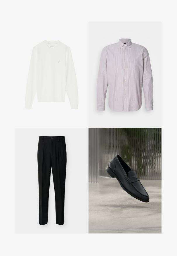 Hvid langærmet sweater lavet af blødt strikket materiale. Har en rund hals og et lille broderet fugledesign på venstre bryst.; Skjorte med knapper i lys lilla og hvide striber, lavet af bomuldsstof, lange ærmer og en nedknappet krave, med gule knapper og slidser i siden.; Sorte, skræddersyede bukser med høj talje, bæltestropper, forreste læg, sidelommer samt knap- og lynlåslukning.; Sort læderloafer med glat finish, spids tå og sømdetaljer over vristen. Lav hæl og minimalistisk design.