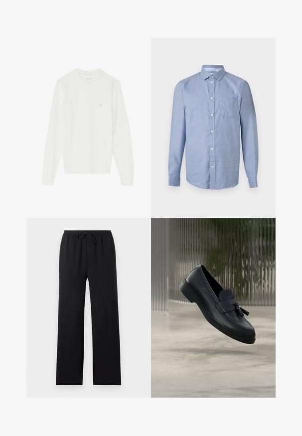 Hvid langærmet sweater lavet af blødt strikket materiale. Har en rund hals og et lille broderet fugledesign på venstre bryst.; Langærmet skjorte med knapper, lille blå og hvid ternet mønster, klassisk krave og brystlomme foran på neutral baggrund.; Sorte løstsiddende bukser med elastisk talje og forreste snor, lige ben, ensfarvet design, vist på en neutral baggrund.; Sorte læderloafers med en glat tekstur, en rundet tå og dekorative kvaster foran. Fleksibel gummisål med lav hæl.