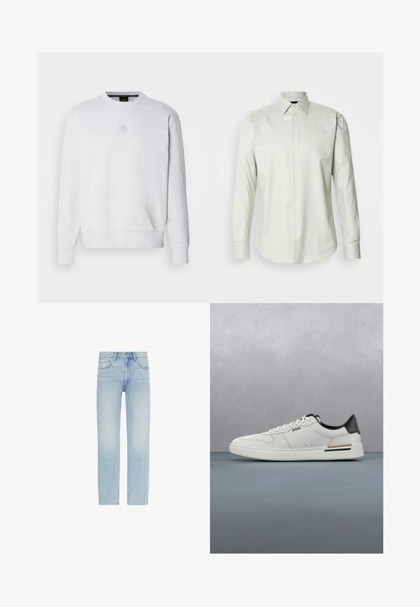 Sweatshirt blanc fabriqué en tissu lisse, avec uncol rond, des poignets côtelés et un logo hexagonal discret sur la poitrine. Design simple.; Chemise à manches longues vert clair, à boutons, avec un col structuré, texture unie et patte de boutonnage à l'avant avec des boutons blancs.; Jean en denim bleu clair à jambe droite avec fermeture à boutons à l'avant et design cinq poches, comprenant une petite étiquette Calvin Klein sur la poche avant.; Sneaker basse blanche avec talon noir, fermeture à lacets, perforations subtiles et logo "BOSS" sur le côté, vue depuis le profil extérieur.
