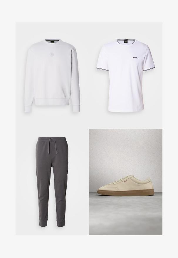 Sweatshirt blanc fabriqué en tissu lisse, avec uncol rond, des poignets côtelés et un logo hexagonal discret sur la poitrine. Design simple.; T-shirt en coton blanc à manches courtes, avec un col rond et des rayures noires sur le col et les ourlets des manches. Petit logo "BOSS" sur la poitrine.; Pantalons de jogging gris en tissu doux avec taille élastique et cordon de serrage, dotés de poches latérales et d'un design effilé aux chevilles.; Baskets en daim beige clair avec une semelle en caoutchouc gomme, des lacets prononcés et des détails de couture subtils. Design épuré avec une esthétique minimaliste.