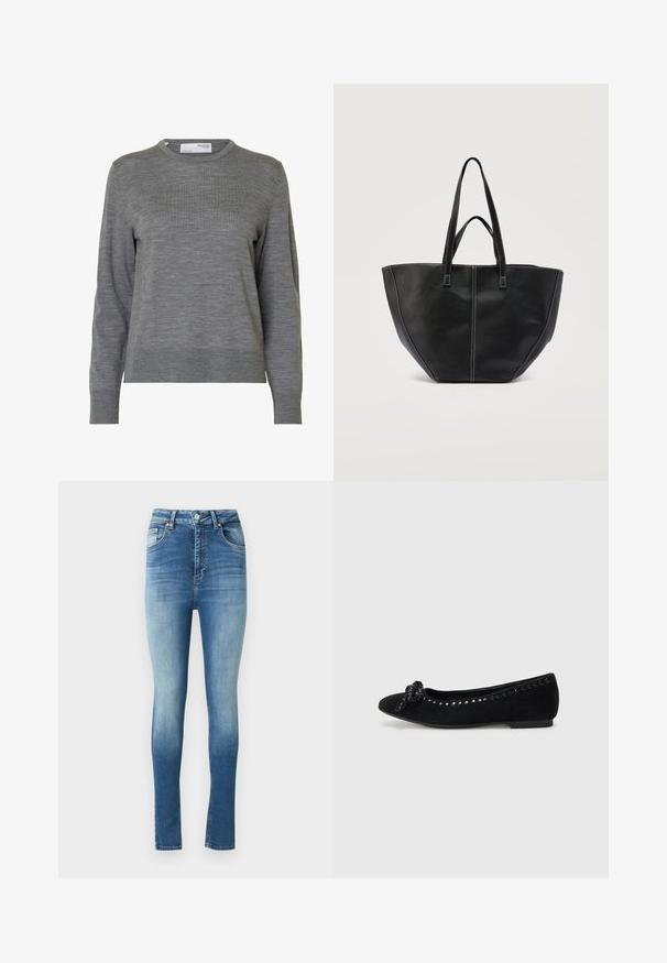 Langærmet, lysegrå striktrøje med rund hals og ribstrikkede manchetter og kant, vist mod hvid baggrund.; Højtaljede skinny jeans i falmet blå denim med en subtil gradient. Har klassisk fem-lomme design og knaplukning.; Sorte ruskind balletflade med rund tå, en dekorativ sløjfe og en række skinnende udsmykninger langs overdelen. Flad hæl.; Sort lædertaske med to håndtag og kontrastfuld hvid syning, med en bred, struktureret form og detaljer med central søm.