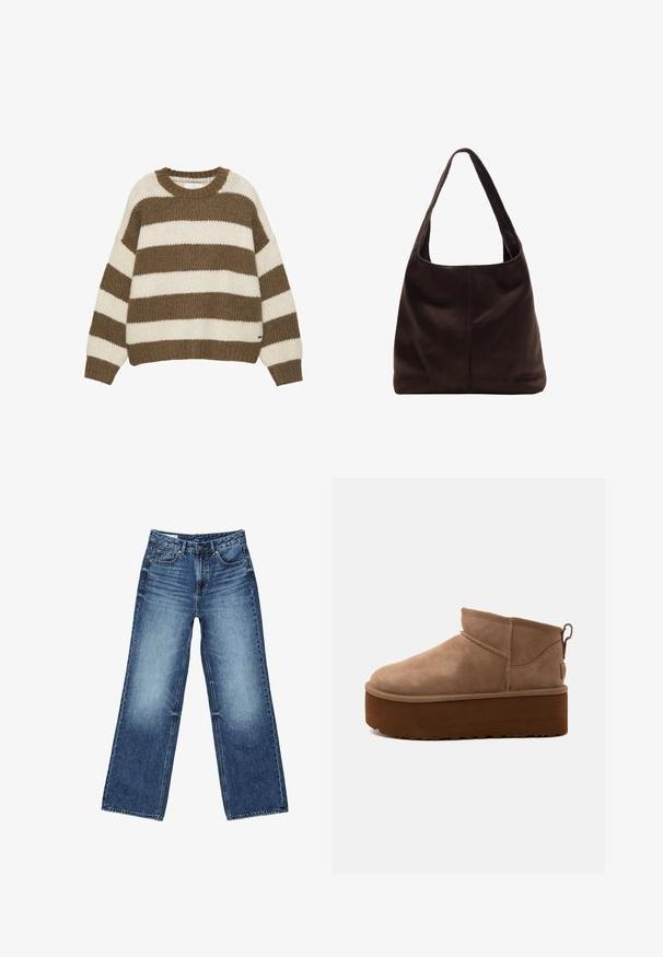 Pull en maille rayé marron et crème avec un col rond, une coupe oversize, et des poignets et un ourlet côtelés. Tissu doux et texturé.; Jean denim bleu à jambes larges avec poches avant et poche monnaie, fermeture à boutons, et lavage délavé sur les cuisses et les genoux.; Bottine marron en daim de hauteur moyenne, style slip-on, avec une semelle épaisse compensée et un onglet à l’arrière sur fond clair.; Sac à épaule en suède marron avec une large bandoulière plate. Design doux et non structuré avec une couture centrale. Pas de matériel ou d'ornements visibles.