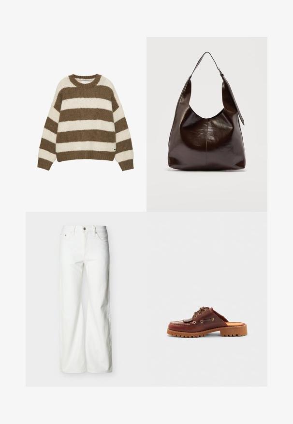 Pull en maille rayé marron et crème avec un col rond, une coupe oversize, et des poignets et un ourlet côtelés. Tissu doux et texturé.; Jean blanc taille haute à jambe droite avec bouton frontal, fermeture éclair, poches latérales et arrière, sur un fond clair uni.; Chaussure en cuir marron à enfiler au style mocassin, avec des lacets décoratifs, des œillets dorés et une semelle en caoutchouc texturé.; Sac à bandoulière en cuir marron foncé brillant avec une seule large sangle et un détail de boucle sur un côté, posé sur un fond clair uni.