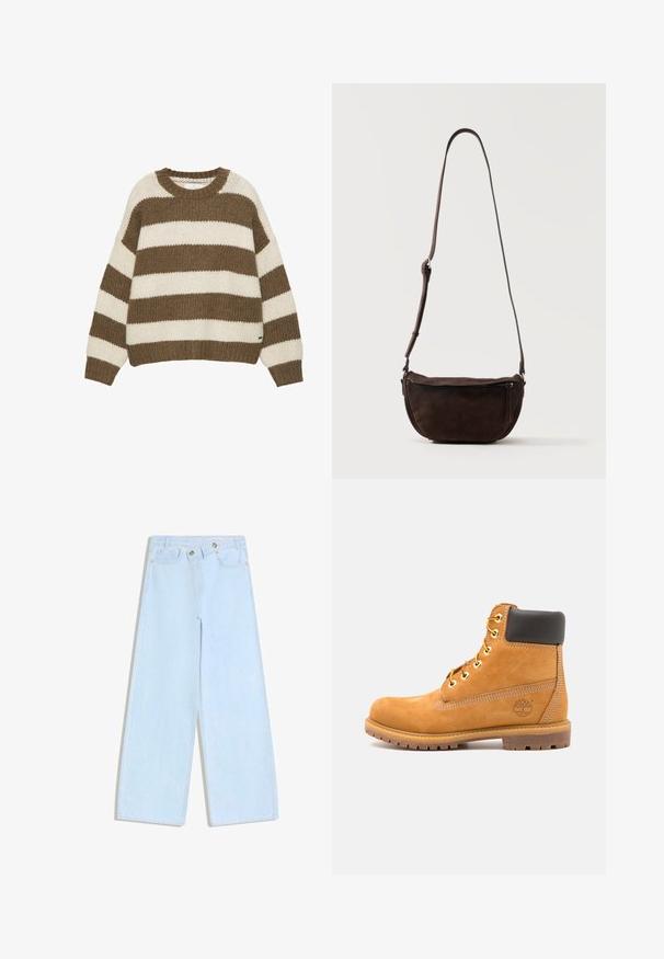 Pull en maille rayé marron et crème avec un col rond, une coupe oversize, et des poignets et un ourlet côtelés. Tissu doux et texturé.; Jeans bleu clair à jambes larges avec taille haute, poches avant et deux boutons argentés sur la ceinture.; Bottine en cuir marron avec rembourrage noir, œillets dorés et semelle texturée. Présente un logo circulaire sur le côté et des accents de couture.; Sac bandoulière en daim marron foncé avec une sangle réglable et une poche zippée à l'avant, posé sur un fond clair uni.
