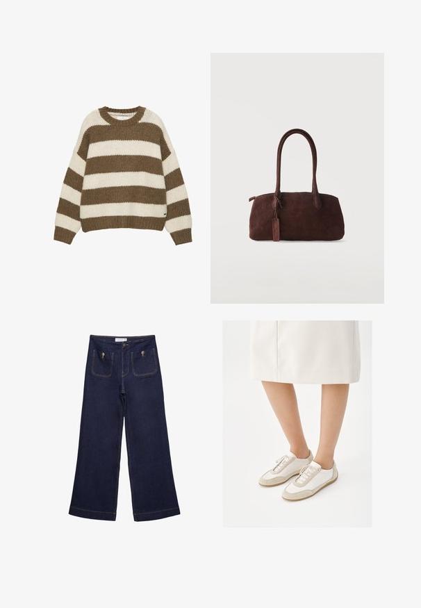 Pull en maille rayé marron et crème avec un col rond, une coupe oversize, et des poignets et un ourlet côtelés. Tissu doux et texturé.; Pantalon en jean large bleu foncé à taille haute, poches plaquées à l'avant fermées par des boutons en métal et détails de coutures visibles.; Personne portant des baskets blanches avec des accents en daim beige et une jupe blanche jusqu'au genou, debout devant un fond blanc.; Sac à main en daim marron foncé avec deux longues anses et une petite étiquette attachée, sur un fond clair uni.
