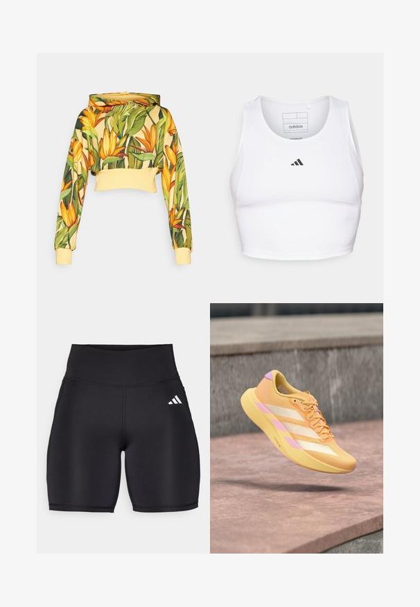 Sudadera corta hecha de una tela con un estampado floral que presenta flores amarillas y hojas verdes, con un dobladillo y puños acanalados amarillos.; Top corto atlético blanco hecho de una tela ligera y transpirable. Presenta paneles laterales de malla y un logo bordado negro en el pecho.; Pantalones cortos deportivos negros hechos de una tela elástica, con una cinturilla alta, una textura suave y un logo de tres rayas blancas en el costado.; Zapatilla de running ligera en amarillo con detalles en rosa, con parte superior texturizada, franjas blancas y suela acolchada.