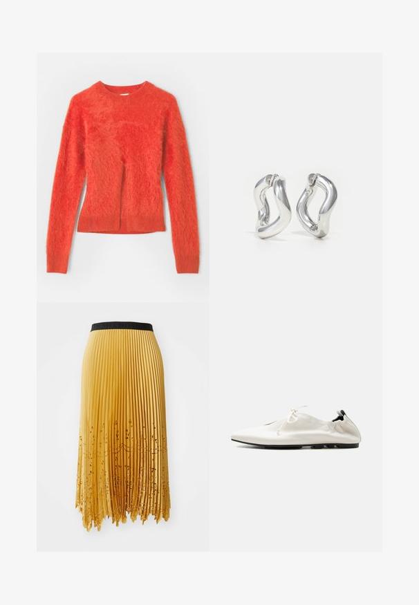 Pull rouge en peluche avec des manches longues et un col rond. Présente une coupe légèrement oversize et un ourlet côtelé en bas.; Jupe plissée jaune avec une taille noire, ornée de découpes florales à l'ourlet, mettant en valeur la texture et le design.; Chaussure blanche minimaliste en cuir à enfiler avec talon rentré, fermeture à lacets et semelle fine noire sur fond uni.; Boucles d'oreilles créoles argentées avec un design torsadé. Bords arrondis et finition brillante. Fermoirs ouverts pour un port facile. Texture lisse sur toute la surface.