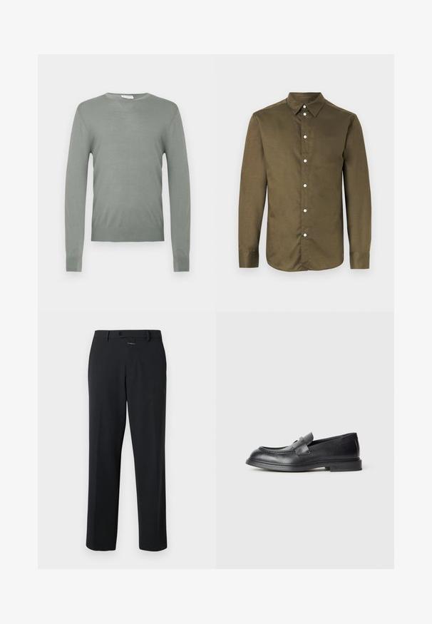 Pull en tricot vert clair avec des manches longues et un col rond. Texture lisse avec des poignets et un ourlet côtelés. Pas de matériel ou de motifs visibles.; Chemise à manches longues vert olive avec col pointu et boutons blancs sur le devant.; Pantalon noir à coupe droite, en tissu lisse. Il présente une fermeture à bouton à l'avant et des détails de couture subtils. Conception simple sans motifs.; Mocassins en cuir noir avec une finition texturée, dotés d'une bride décorative à l'avant et d'un bout arrondi. Semelle en caoutchouc pour plus de durabilité.