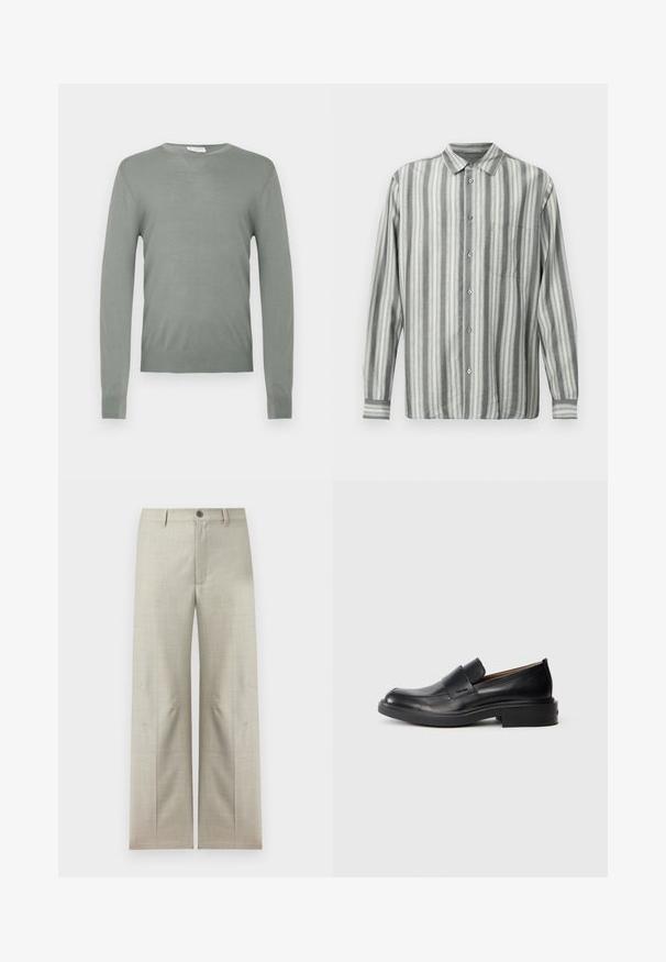 Pull en tricot vert clair avec des manches longues et un col rond. Texture lisse avec des poignets et un ourlet côtelés. Pas de matériel ou de motifs visibles.; Chemise à rayures boutonnée gris et crème, avec col, manches longues et poche poitrine. Tissu doux avec une texture lisse.; Pantalon formel beige clair à jambes droites, fermeture avec bouton et fermeture éclair, passants pour ceinture, présenté sur un fond blanc.; Chaussure habillée noire en cuir, à enfiler, avec un petit talon et un logo Calvin Klein discret sur le côté, présentée de profil sur un fond blanc.