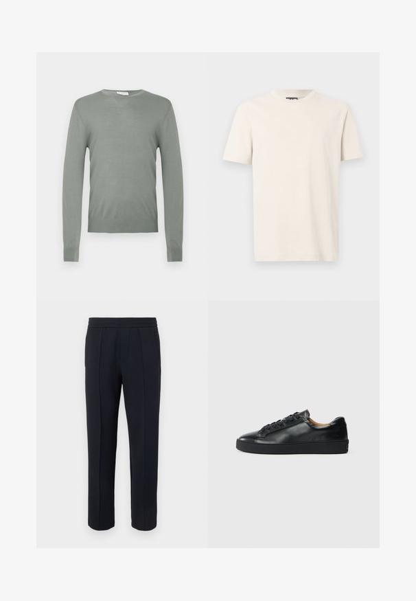 Pull en tricot vert clair avec des manches longues et un col rond. Texture lisse avec des poignets et un ourlet côtelés. Pas de matériel ou de motifs visibles.; T-shirt blanc cassé à manches courtes avec col rond, arborant un logo discret en relief "EA7 Emporio Armani" sur la poitrine, présenté sur un fond uni.; Pantalon noir à jambe droite avec détail de couture avant, taille élastique et poches latérales sur un fond clair uni.; Baskets en cuir noir avec une texture lisse, bout rond et fermeture à lacets. Comprend une semelle en caoutchouc épaisse et un minimum de détails de marque.