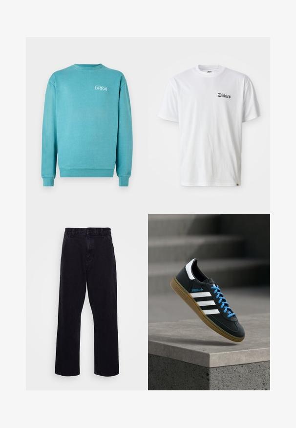 Turkis bomulds sweatshirt, rund hals, lange ærmer, ribbede manchetter og kant, med et lille hvidt grafisk logo på venstre bryst.; Hvid bomulds T-shirt med korte ærmer og rund hals. Har en sort "Dickies" logo trykt på venstre bryst.; Sorte denimbukser med lige ben, der har en knap- og lynlåslukning, bæltestropper og minimale syninger.; Sort Adidas sneaker med hvide striber, blå snørebånd og gummisål, der svæver over gråt betontrin i blødt lys.
