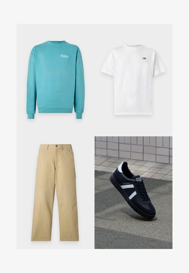 Turkis bomulds sweatshirt, rund hals, lange ærmer, ribbede manchetter og kant, med et lille hvidt grafisk logo på venstre bryst.; Hvid t-shirt med korte ærmer og rund halsudskæring med et lille sort New Balance-logo på øverste venstre bryst på en ensartet lys baggrund.; Khaki bomuldsbukser med lige ben, der har hvidt krydssting på knælapperne og lukning med knap foran.; Sort lædersneaker med hvide striber, tekstureret gummisål og snørrebånd foran. Har et brandet mærke på tungen.