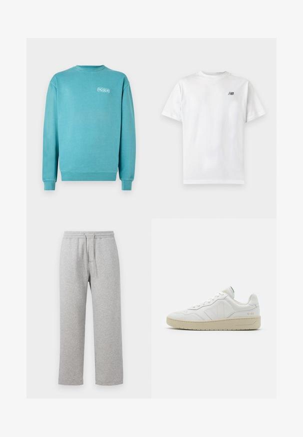 Turkis bomulds sweatshirt, rund hals, lange ærmer, ribbede manchetter og kant, med et lille hvidt grafisk logo på venstre bryst.; Hvid t-shirt med korte ærmer og rund halsudskæring med et lille sort New Balance-logo på øverste venstre bryst på en ensartet lys baggrund.; Grå bomulds sweatpants med elastisk talje og snoretræk. Lige ben med syede kanter og ingen lommer.; Hvide lædersneakers med struktureret overflade og polstret krave. Har en beige gummisål og diskret branding på hælen og siden.