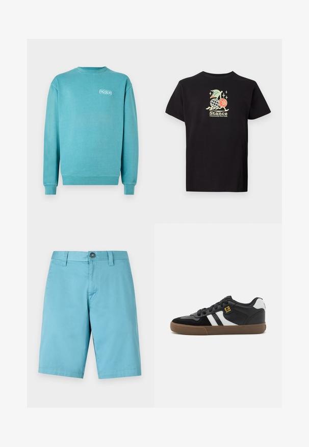 Turkis bomulds sweatshirt, rund hals, lange ærmer, ribbede manchetter og kant, med et lille hvidt grafisk logo på venstre bryst.; Sort bomulds t-shirt med et farverigt grafisk print af en ananas og kirsebær, teksten lyder "Stance Community Run Club." Korte ærmer.; Lys blå shorts lavet af et glat stof. Har en knaplukning og bæltestropper, med en lige pasform, der strækker sig til knæet.; Sorte og hvide sneakers med overdel i ruskind og læder, der har hvide striber, sorte snørebånd og en brun gummisål. Guld logo detaljer.