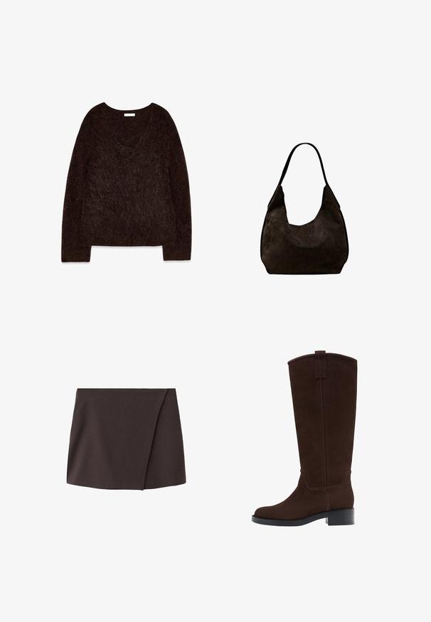 Pull en maille brun avec un décolleté en V, des manches longues et une texture douce et pelucheuse. Le design est surdimensionné avec une coupe décontractée et un minimalisme dans les détails.; Mini-jupe asymétrique marron foncé avec un léger chevauchement à l'avant, fabriquée à partir d'un tissu lisse.; Botte haute en daim marron foncé avec un petit talon empilé et un bout arrondi, équipée d'une lanière au sommet de la tige.; Sac d’épaule en daim noir doux avec une seule bandoulière large et une forme arrondie, légèrement souple.