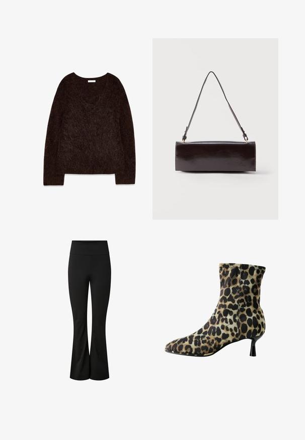 Pull en maille brun avec un décolleté en V, des manches longues et une texture douce et pelucheuse. Le design est surdimensionné avec une coupe décontractée et un minimalisme dans les détails.; Pantalon de yoga noir taille haute avec une taille ajustée et des jambes évasées en tissu extensible.; Bottines à motif léopard en tissu lisse, avec un bout pointu et un fin talon noir, offrant un ajustement confortable autour de la cheville.; Sac à main rectangulaire en cuir noir avec une longue bandoulière unique et une finition brillante, présenté sur un fond blanc uni.