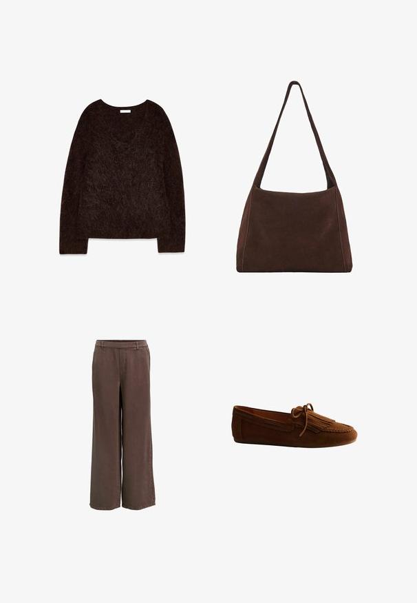 Pull en maille brun avec un décolleté en V, des manches longues et une texture douce et pelucheuse. Le design est surdimensionné avec une coupe décontractée et un minimalisme dans les détails.; Pantalon marron à jambes larges en tissu doux, avec une taille mi-haute, une fermeture éclair frontale dissimulée, et une texture lisse.; Mocassin en daim marron avec détail de franges et nœud sur le dessus, semelle plate et bordure cousue le long des bords.; Sac à épaule en cuir suédé marron, au design décontracté, avec une large sangle unique. Présente des coutures visibles le long des bords.