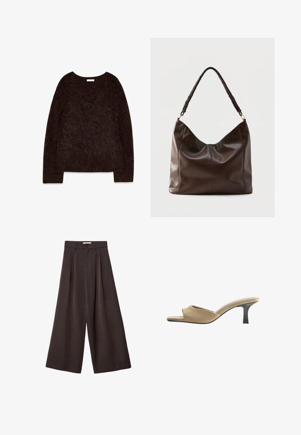 Pull en maille brun avec un décolleté en V, des manches longues et une texture douce et pelucheuse. Le design est surdimensionné avec une coupe décontractée et un minimalisme dans les détails.; Pantalon large marron foncé avec plis à l'avant, fermeture par bouton et passants de ceinture, présenté sur un fond blanc.; Mule en daim beige à bout ouvert avec un petit talon kitten noir et un dos ouvert, vue de profil sur fond blanc.; Sac à bandoulière en cuir brun foncé avec une poignée tressée et des coutures apparentes sur le devant.