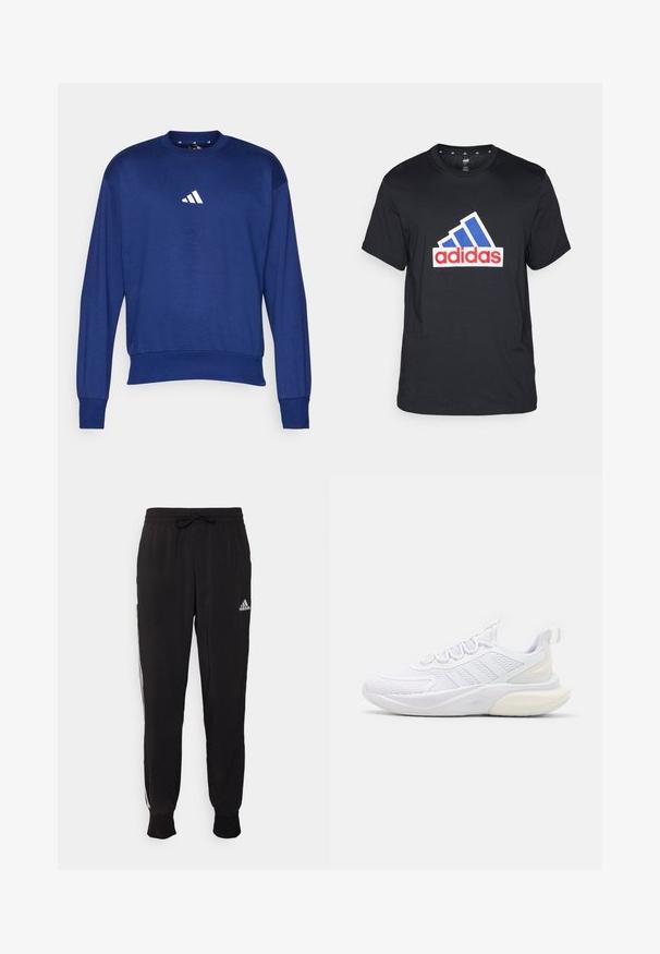 Sudadera azul de manga larga hecha de un tejido suave. Cuenta con un cuello redondo y un logo blanco de Adidas en el pecho. Puños y dobladillo acanalados.; Camiseta de algodón negra con un gran logo de Adidas en blanco, azul y rojo en el pecho; mangas cortas y cuello redondo.; Pantalones deportivos negros de tela suave, con cintura ajustable mediante cordón y franjas laterales blancas. Puños elásticos en los tobillos.; Zapatillas deportivas blancas con una parte superior de malla texturada, cordones planos, tres acentos de rayas y una suela acolchada en color blanco sucio.