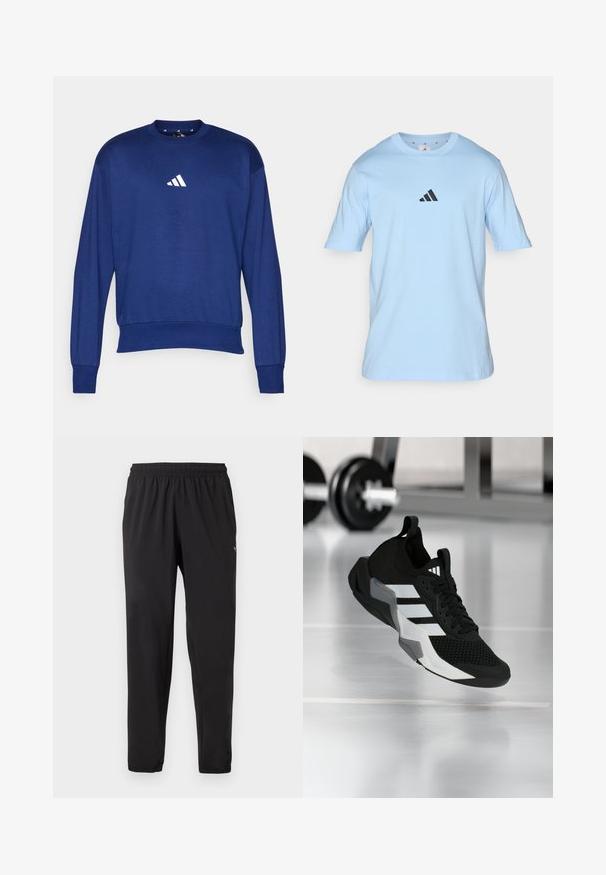 Blaues Langarm-Sweatshirt aus weichem Material. Hat einen Rundhalsausschnitt und ein weißes Adidas-Logo auf der Brust. Rippbündchen an den Ärmeln und am Saum.; Hellblaues Baumwoll-T-Shirt mit kurzen Ärmeln und rundem Ausschnitt. Verfügt über ein kleines schwarzes Adidas-Logo auf der Brust. Weiche Textur.; Schwarze Sporthose mit elastischem Bund und Bündchen, dezentes Logo am oberen linken Oberschenkel, gerade Beinform.; Schwarzer Sportschuh mit Mesh-Obermaterial, weißen Streifen und grauen Akzenten. Verfügt über einen gepolsterten Kragen und eine Gummisohle. Geeignet für die Nutzung im Fitnessstudio.