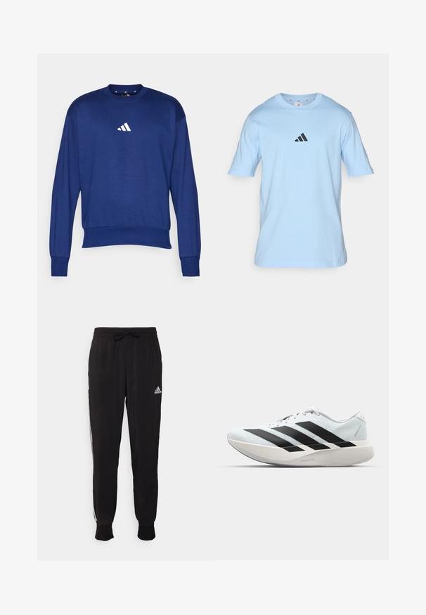 Modrá dlhá mikina s dlhým rukávom vyrobená z mäkkej látky. Obsahuje okrúhly výstrih a biele logo Adidas na hrudníku. Ribované manžety a lem.; Svetlomodré bavlnené tričko s krátkymi rukávmi a okrúhlym výstrihom. Na hrudi sa nachádza malé čierne logo Adidas. Mäkka textúra.; Čierne športové nohavice z mäkkej tkaniny, s pásom na šnúrku a bielymi bočnými pruhmi. Elastické manžety pri členkoch.; Biela bežecká topánka s tromi veľkými čiernymi pruhmi na boku a hrubou zakrivenou podrážkou označenou Lightstrike Pro.