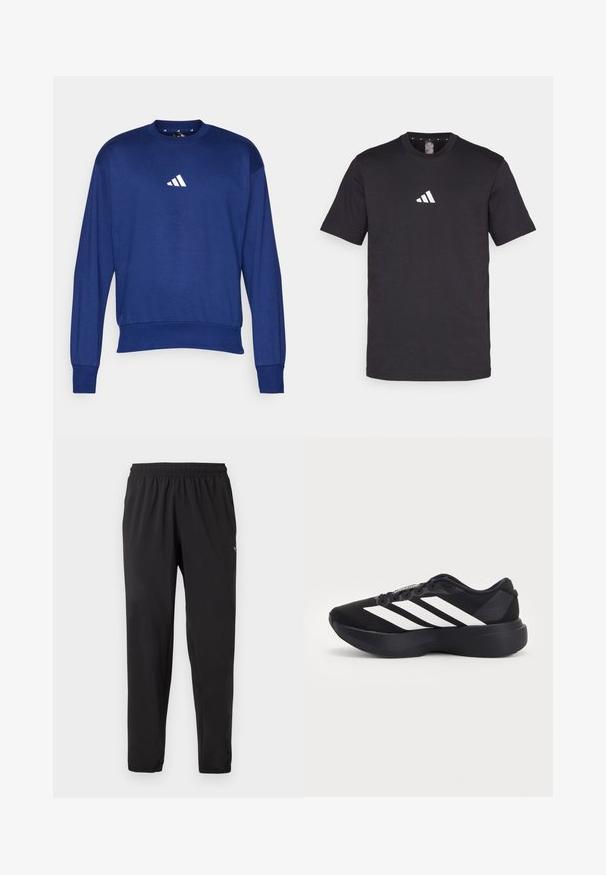 Modrá dlhá mikina s dlhým rukávom vyrobená z mäkkej látky. Obsahuje okrúhly výstrih a biele logo Adidas na hrudníku. Ribované manžety a lem.; Čierne bavlnené tričko s krátkymi rukávmi, s bielym logom Adidas na hrudi. Klasický dizajn s okrúhlym výstrihom.; Čierne športové nohavice s elastickým pásom a lemami, nenápadné logo na ľavom hornom stehne, rovný strih nohavíc.; Čierny bežecký topánka s hrubou podrážkou a tromi bielymi diagonálnymi pásmi na boku, zobrazená z vonkajšej strany.