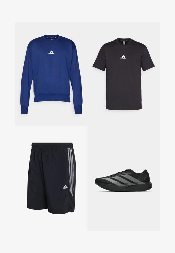Blaues Langarm-Sweatshirt aus weichem Material. Hat einen Rundhalsausschnitt und ein weißes Adidas-Logo auf der Brust. Rippbündchen an den Ärmeln und am Saum.; Schwarzes Baumwoll-T-Shirt mit kurzen Ärmeln, das ein weißes Adidas-Logo auf der Brust zeigt. Klassisches Rundhalsdesign.; Schwarze Sportshorts mit elastischem Bund, ausgestattet mit drei weißen vertikalen Streifen an den Seiten und einem Adidas-Logo am unteren Saum.; Schwarze Sportschuhe mit einem leichten Design, ausgestattet mit drei auffälligen grauen Streifen, einer glatten Textur und einer konturierten Sohle.