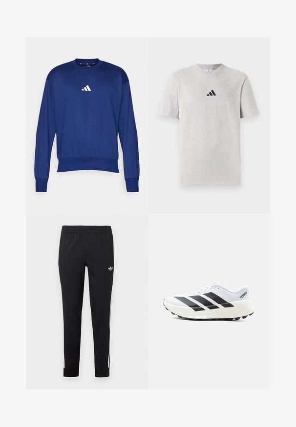 Modrá dlhá mikina s dlhým rukávom vyrobená z mäkkej látky. Obsahuje okrúhly výstrih a biele logo Adidas na hrudníku. Ribované manžety a lem.; Šedé bavlnené tričko s krátkymi rukávmi a okrúhlym výstrihom, s malým čiernym logom so tromi pruhmi na hornej ľaviej strane hrude.; Čierne športové tepláky vyrobené z hladkej tkaniny. Majú elastický pás, bočné vrecká a biele pruhy pozdĺž nohavíc.; Biely trailový bežecký topánok s čiernymi pruhmi Adidas, textúrovanou podrážkou a označením "TERREX" na päte, zobrazený v profile na bielom pozadí.