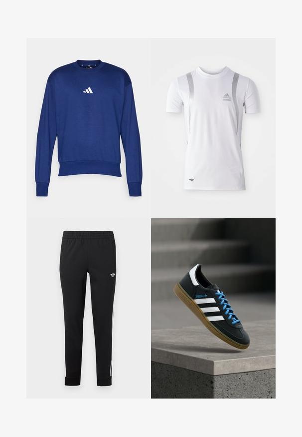 Modrá dlhá mikina s dlhým rukávom vyrobená z mäkkej látky. Obsahuje okrúhly výstrih a biele logo Adidas na hrudníku. Ribované manžety a lem.; Biely športový dres s krátkym rukávom so striebornými akcentmi, s okrúhlym výstrihom a logom Adidas na hrudi. Vyrobený z materiálu odvádzajúceho vlhkosť.; Čierne športové tepláky vyrobené z hladkej tkaniny. Majú elastický pás, bočné vrecká a biele pruhy pozdĺž nohavíc.; Čierna teniska Adidas s bielymi pruhmi, modrými šnúrkami a gumovou podrážkou, ktorá sa vznáša nad sivým betónovým schodom v mäkkom svetle.
