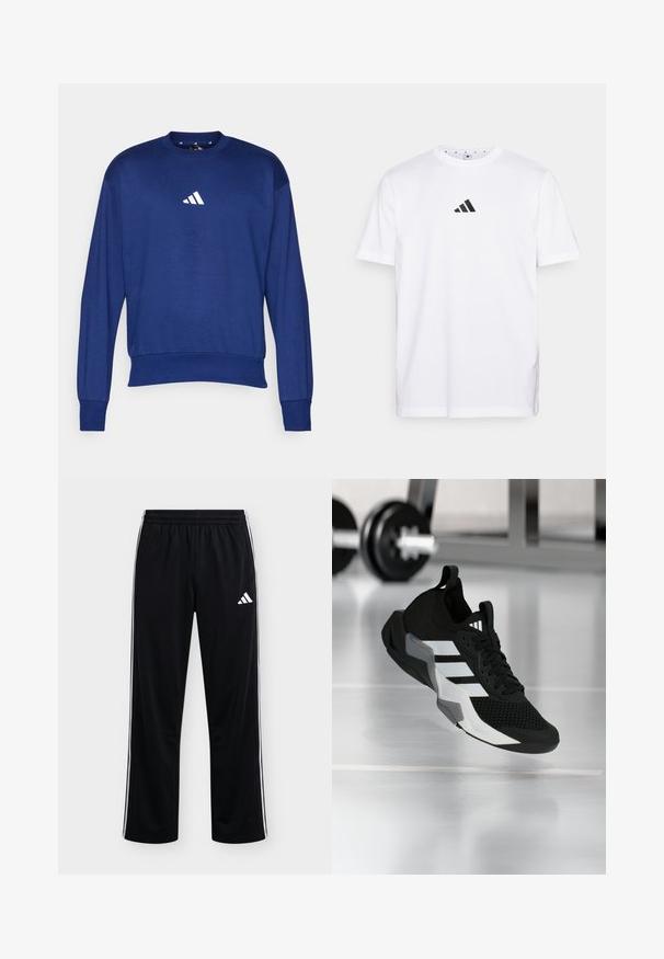 Sudadera azul de manga larga hecha de un tejido suave. Cuenta con un cuello redondo y un logo blanco de Adidas en el pecho. Puños y dobladillo acanalados.; Camiseta blanca de algodón con un pequeño logo triangular negro en el pecho, mangas cortas y escote redondo. Diseño simple y clásico.; Pantalones deportivos negros Adidas con rayas laterales blancas y logo en la parte superior del muslo izquierdo, cintura elástica, corte recto.; Zapato deportivo negro con parte superior de malla, franjas blancas y detalles grises. Cuenta con un cuello acolchado y suela de goma. Adecuado para usar en el gimnasio.