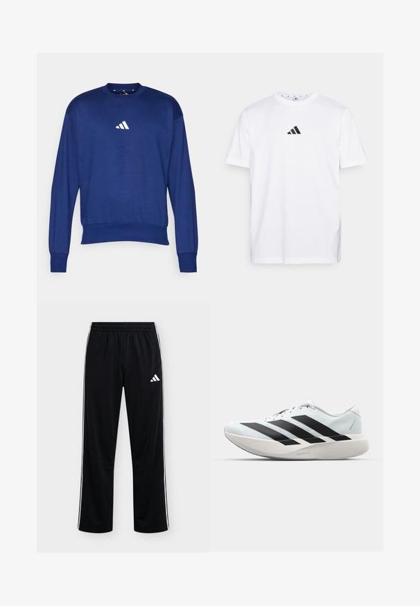 Modrá dlhá mikina s dlhým rukávom vyrobená z mäkkej látky. Obsahuje okrúhly výstrih a biele logo Adidas na hrudníku. Ribované manžety a lem.; Biela bavlnená tričko s malým čiernym trojuholníkovým logom na hrudi, krátkymi rukávmi a okrúhlym výstrihom. Jednoduchý a klasický dizajn.; Čierne Adidas tepláky s bielymi bočnými pásmi a logom na hornej ľavej stehne, elastický pás, rovný strih nohavíc.; Biela bežecká topánka s tromi veľkými čiernymi pruhmi na boku a hrubou zakrivenou podrážkou označenou Lightstrike Pro.
