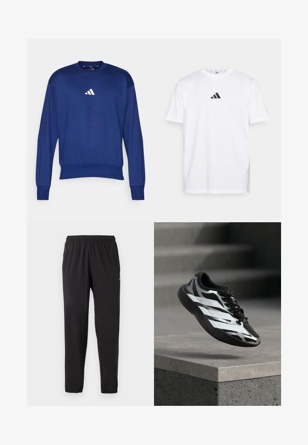 Modrá dlhá mikina s dlhým rukávom vyrobená z mäkkej látky. Obsahuje okrúhly výstrih a biele logo Adidas na hrudníku. Ribované manžety a lem.; Biela bavlnená tričko s malým čiernym trojuholníkovým logom na hrudi, krátkymi rukávmi a okrúhlym výstrihom. Jednoduchý a klasický dizajn.; Čierne športové nohavice s elastickým pásom a lemami, nenápadné logo na ľavom hornom stehne, rovný strih nohavíc.; Čierno-strieborná športová obuv s bielymi pásikmi vo vzduchu nad betónovým okrajom, schodiskové stupne sú v pozadí rozmazané.