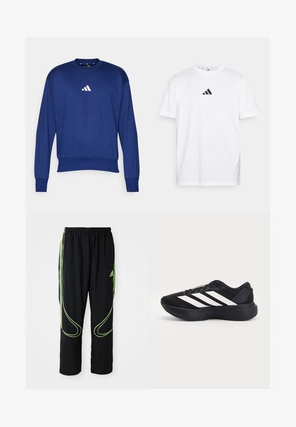 Modrá dlhá mikina s dlhým rukávom vyrobená z mäkkej látky. Obsahuje okrúhly výstrih a biele logo Adidas na hrudníku. Ribované manžety a lem.; Biela bavlnená tričko s malým čiernym trojuholníkovým logom na hrudi, krátkymi rukávmi a okrúhlym výstrihom. Jednoduchý a klasický dizajn.; Čierne atletické nohavice Adidas s neonovo zelenými zakrivenými líniami a tromi pruhmi po stranách, elastickým pásom a logom Adidas na prednom stehne.; Čierny bežecký topánka s hrubou podrážkou a tromi bielymi diagonálnymi pásmi na boku, zobrazená z vonkajšej strany.