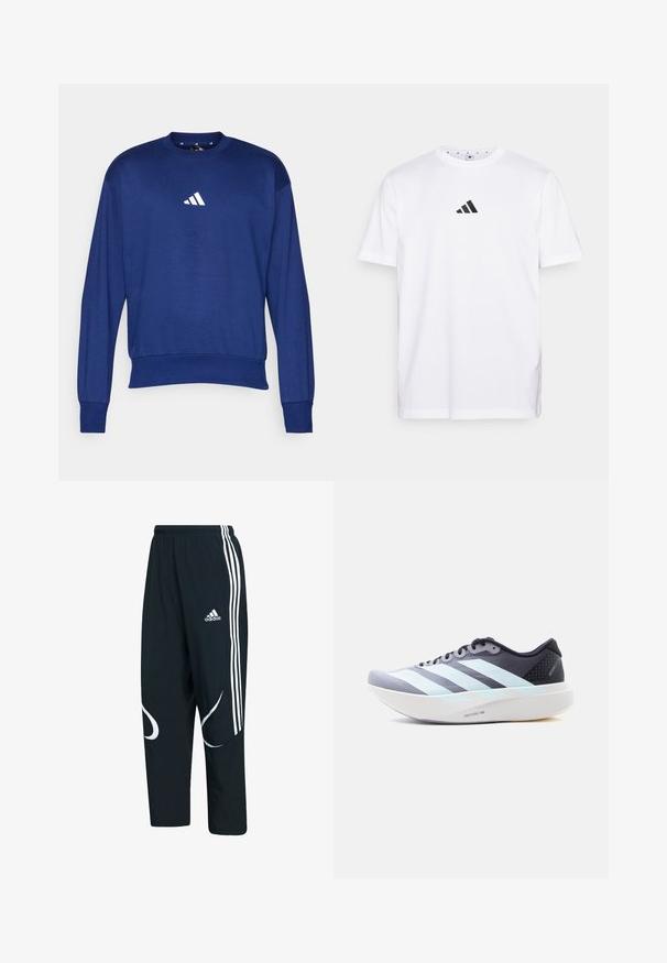 Sinine pikka varrukaga särk, mis on valmistatud pehmest kangast. Omab ümmargust kaelust ja valget Adidas'i logo rinnal. Ribitud varrukaotsad ja alläär.; Valge puuvillane T-särk, millel on rindkeres väike must kolmnurga logo, lühikesed varrukad ja ümar kaelus. Lihtne ja klassikaline disain.; Mustad trackipüksid valgete triipidega ja logoga, laia lõikega, elastse vöökoha ja kõverate valgete mustritega külgedel.; Kerge musta ja halli jooksujalanõu valge tallaga, kolme helesinise triibu ning Lightstrike Pro polstriga, külgvaade.