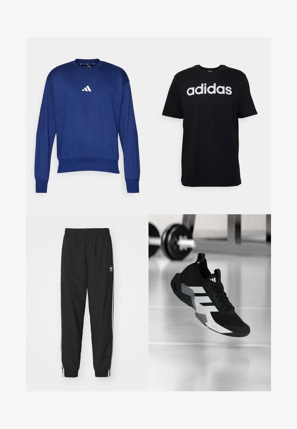 Sinine pikka varrukaga särk, mis on valmistatud pehmest kangast. Omab ümmargust kaelust ja valget Adidas'i logo rinnal. Ribitud varrukaotsad ja alläär.; Must värvi puuvillane t-särk lühikeste varrukatega, mille ees on suur valge Adidas logo. Klassikaline ümberkaeluse disain.; Mustad mustad treeningpüksid elastse vöökoha ja pahkluude krael, millel on valged külje triibud ja väike valge Adidas logo vasakul puusal.; Mustad sportlik king, millel on võrgust pealispind, valged triibud ja hallid aktsendid. Varustatud polsterdatud kaelusega ja kummist tallaga. Sobib jõusaali kasutamiseks.