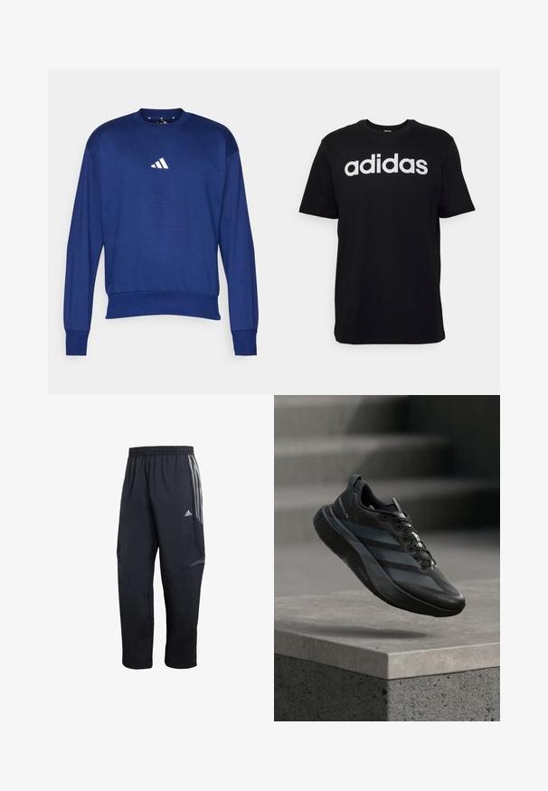 Modrá dlhá mikina s dlhým rukávom vyrobená z mäkkej látky. Obsahuje okrúhly výstrih a biele logo Adidas na hrudníku. Ribované manžety a lem.; Čierne bavlnené tričko s krátkymi rukávmi, na prednej strane s veľkým bielym logom Adidas. Klasický dizajn s okrúhlym výstrihom.; Čierne športové nohavice s elastickým pásom, s šedými bočnými pruhmi, so štruktúrovaným panelom a zúženým strihom nohavíc.; Ľahká čierna bežecká obuv s elegantným dizajnom, textúrovaným zvrškom, výrazným šnúrovaním a reflexnými prvkami, zobrazená vo vzduchu.