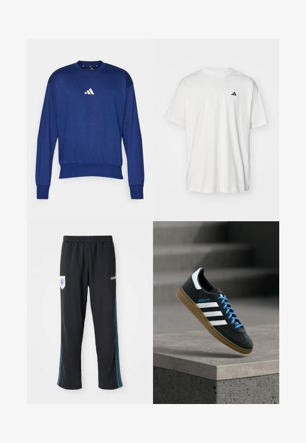 Sinine pikka varrukaga särk, mis on valmistatud pehmest kangast. Omab ümmargust kaelust ja valget Adidas'i logo rinnal. Ribitud varrukaotsad ja alläär.; Valge puuvillane T-särk lühikeste varrukatega, ümmargune kaelus ja väike must Adidas logo vasakul rinna piirkonnas. Pehme tekstuur, vabaaja lõige.; Mustad mustekad kokkuvõtlikud spordipüksid elastse vöökohtkega, millel on sinised triibud külgedel ja logo vasakul esiküljel.; Must Adidas toss valgete triibu, siniste paelte ja kummist tallaga, hõljuv pehme valgusega halli betoonastme kohal.