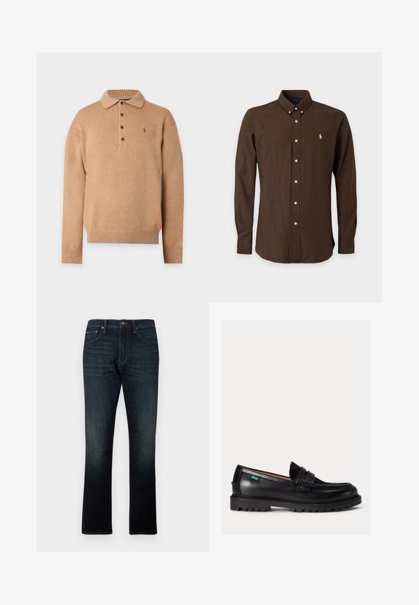 Pull en maille marron camel à manches longues avec col et patte de boutonnage à quatre boutons, poignets et bas côtelés, et petit logo brodé sur la poitrine.; Chemise marron foncé à manches longues avec boutons, col boutonné et petit logo blanc sur le côté gauche de la poitrine.; Jean denim bleu foncé à jambe droite avec cinq poches et coutures orange, présenté à plat sur fond blanc.; Mocassin en cuir noir avec semelle épaisse, bout arrondi et étiquette verte Polo sur le côté.