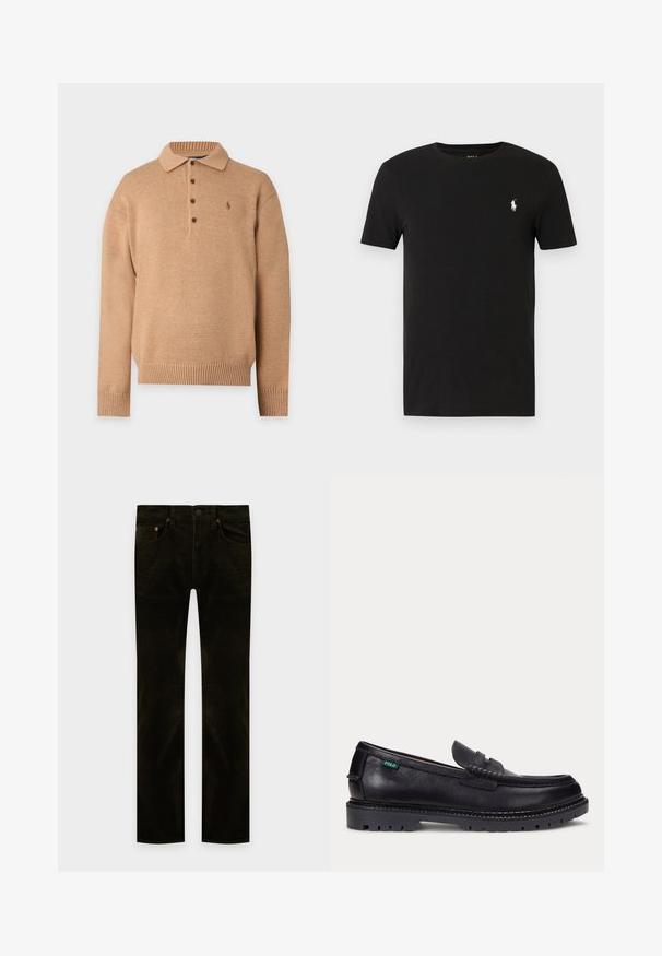 Pull en maille marron camel à manches longues avec col et patte de boutonnage à quatre boutons, poignets et bas côtelés, et petit logo brodé sur la poitrine.; T-shirt en coton noir à manches courtes, col rond, avec un petit logo blanc sur le côté gauche de la poitrine. Texture lisse, coupe classique.; Pantalon en velours côtelé vert foncé, coupe droite, avec poches avant, passants de ceinture et fermeture par bouton sur fond uni.; Mocassin en cuir noir avec une semelle épaisse à crampons et une petite étiquette verte "Polo" sur le côté extérieur, près du talon.