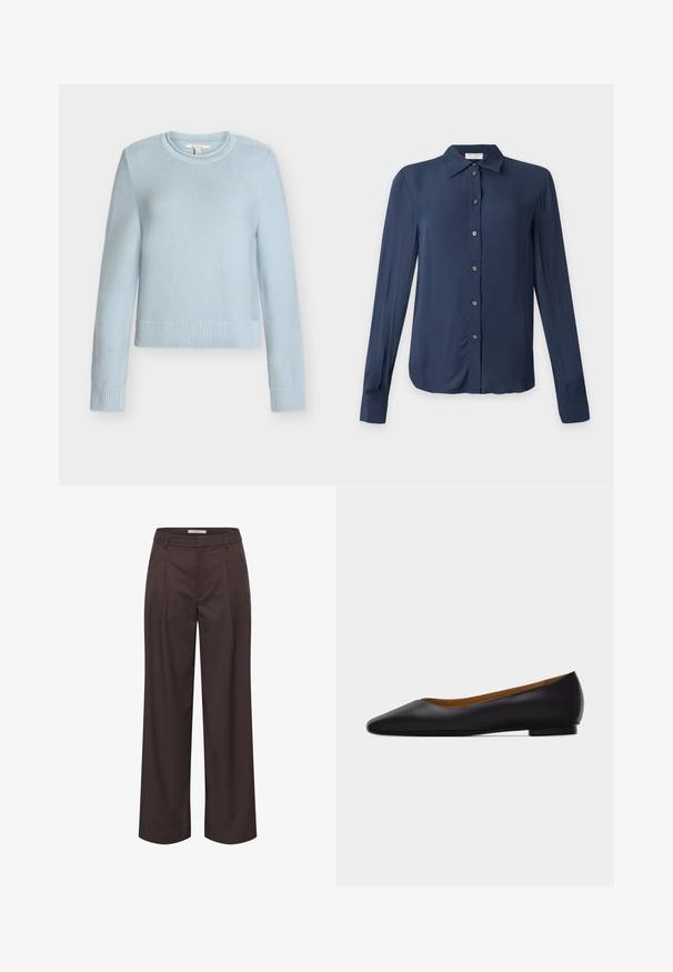 Pull en maille bleu clair à col rond avec manches longues et poignets et ourlet côtelés, présenté sur fond blanc.; Chemise bleu marine à manches longues avec boutons, col et poignets, affichée à plat sur un fond clair.; Pantalon marron foncé à jambes larges, passants de ceinture, plis devant et taille droite.; Chaussure plate en cuir noir à bout pointu avec talon bas et finition lisse, vue de côté sur un fond gris clair.